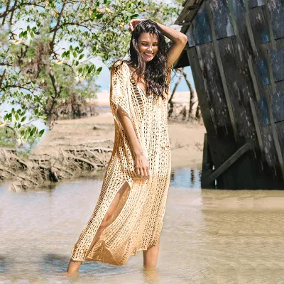 Summer Women Casual Sexy V-Neck Hollow Knitted Bikini Swimwear Sun Protection Cover-Up