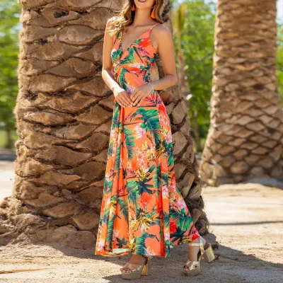 Summer Women Casual Bohemian V-Neck Floral Print Maxi Dress