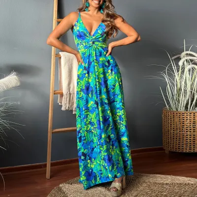 Summer Women Casual Bohemian V-Neck Floral Print Maxi Dress