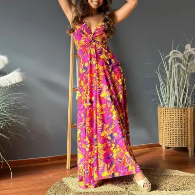Summer Women Casual Bohemian V-Neck Floral Print Maxi Dress