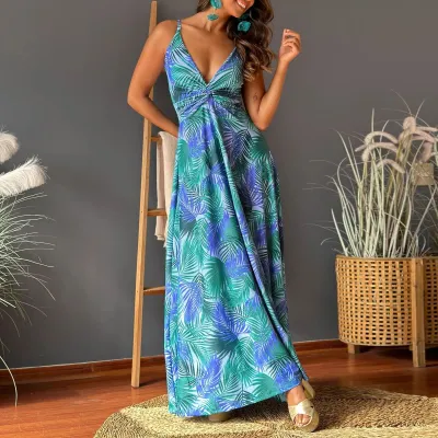Summer Women Casual Bohemian V-Neck Floral Print Maxi Dress