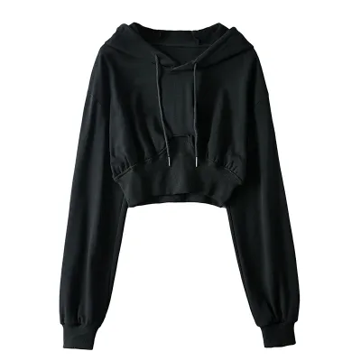 Women's Fashion Spring Loose Long Sleeve High Waist Solid Color Crop Sweatshirt