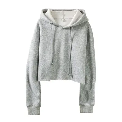 Women Fleece-Lined Pullover Crop Hoodie Street Fashion Autumn Winter
