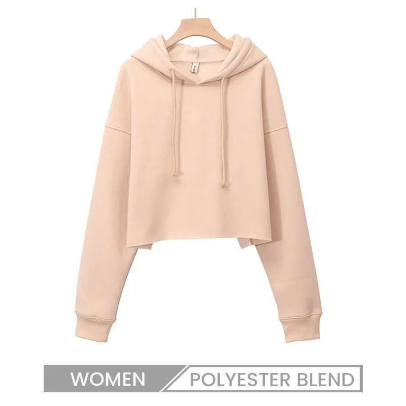 Women Fleece-Lined Pullover Crop Hoodie Street Fashion Autumn Winter