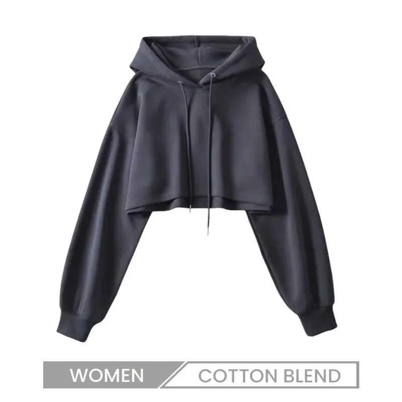 Vintage Drawstring Pullover Long-Sleeved Women Street Style Edgy Crop Hoodie