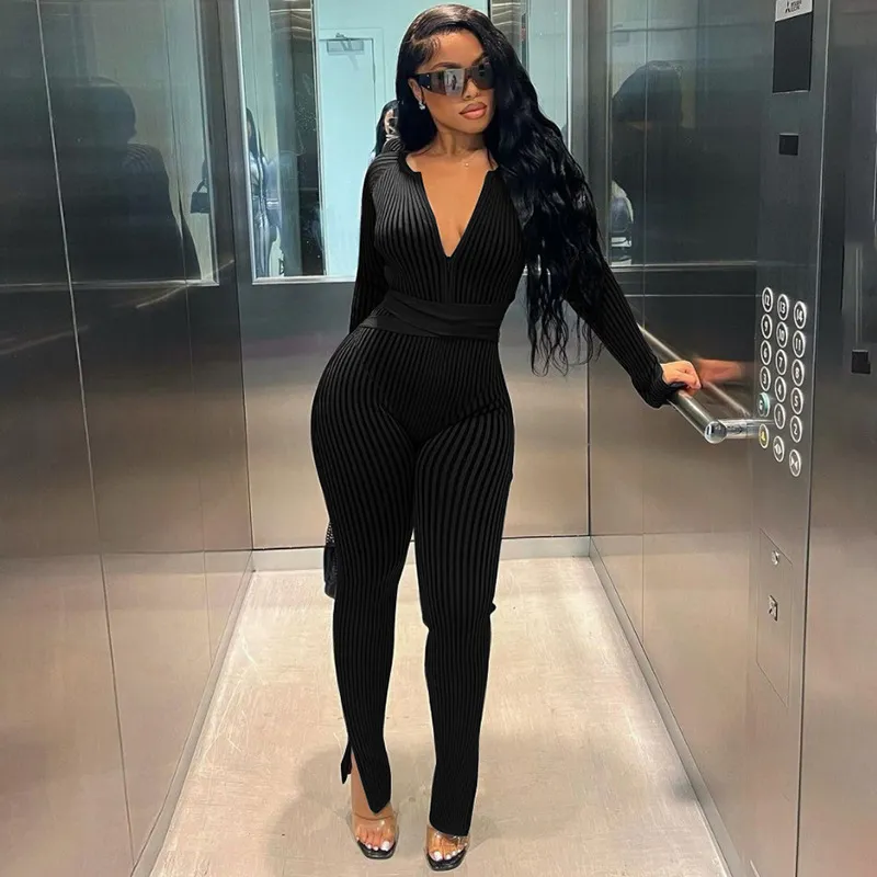 Women Fashion Sexy Solid Color Long Sleeve Jumpsuit High Waist Polyester Spandex