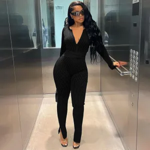Women Fashion Sexy Solid Color Long Sleeve Jumpsuit High Waist Polyester Spandex