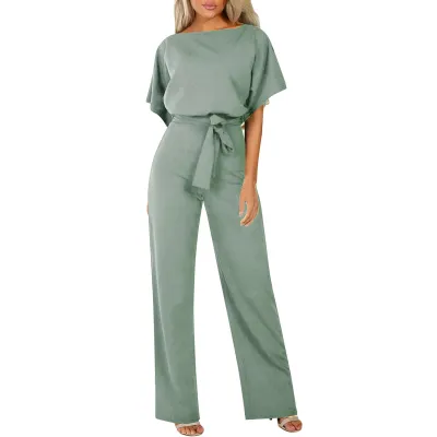 Women Fashion Solid Color Short Sleeve Jumpsuit