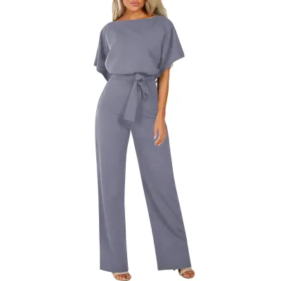 Women Fashion Solid Color Short Sleeve Jumpsuit