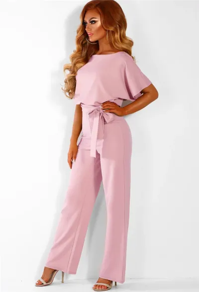 Women Fashion Solid Color Short Sleeve Jumpsuit