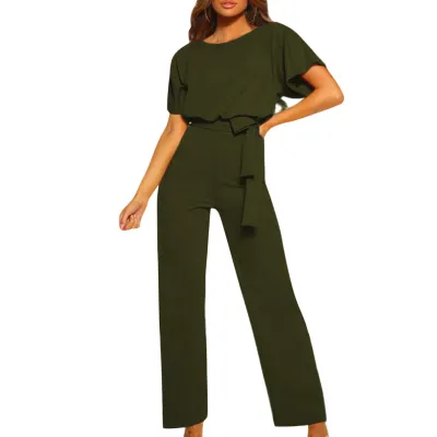 Women Fashion Solid Color Short Sleeve Jumpsuit