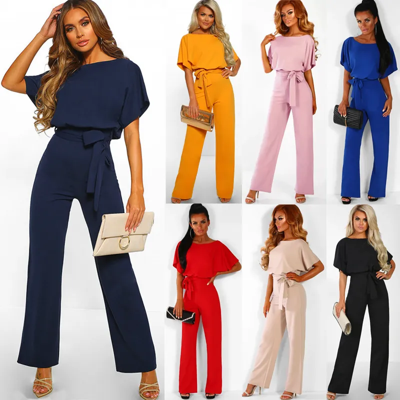 Women Fashion Solid Color Short Sleeve Jumpsuit