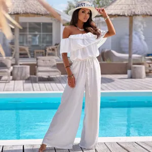 Women Elegant Solid Color Ruffled Off-Shoulder Wide-Leg Jumpsuit