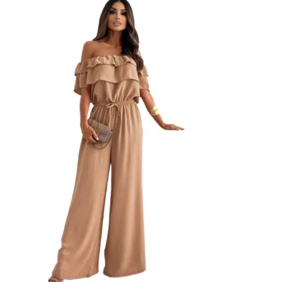 Women Elegant Solid Color Ruffled Off-Shoulder Wide-Leg Jumpsuit