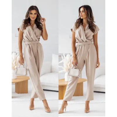 Women Fashion Solid Color Short Sleeve Wide Leg Jumpsuit