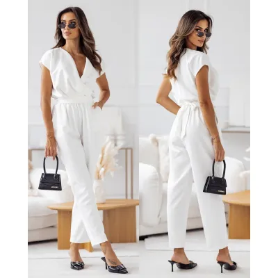 Women Fashion Solid Color Short Sleeve Wide Leg Jumpsuit