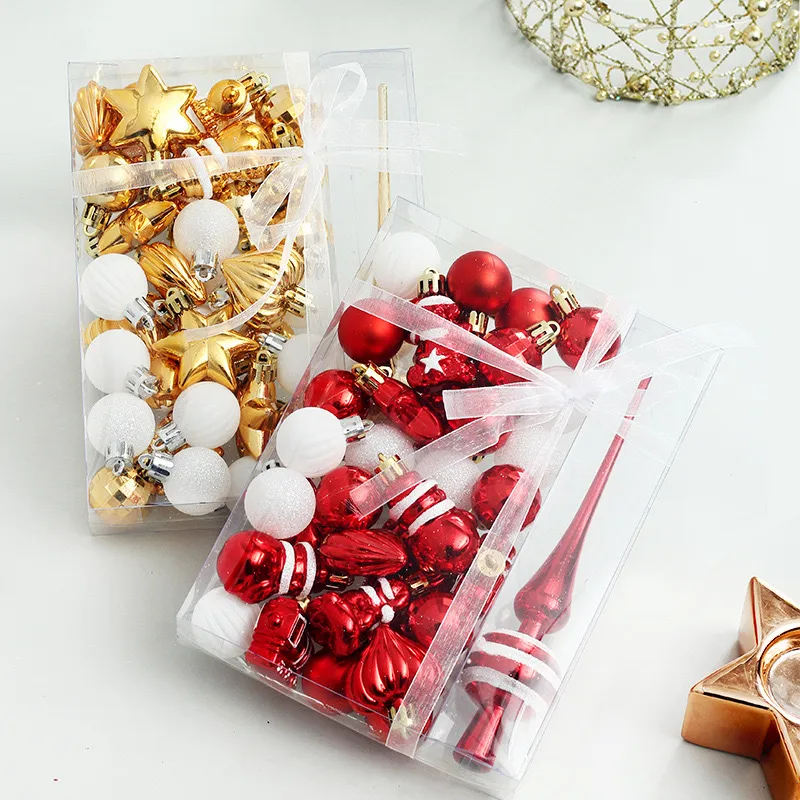 34 Pcs Painted Mini Christmas Tree Pendant Set - Modern Art Plastic Christmas Decorations for Party
