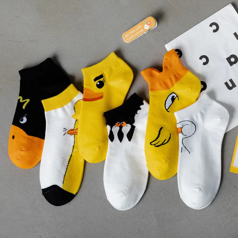 Women Fashion Cartoon Cute Little Yellow Duck Sweat Socks 5pcs/Pack