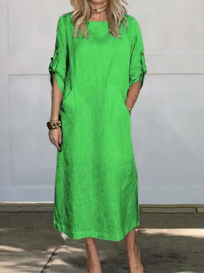 Summer Women Casual Solid Color Round Neck Short Sleeve Pocket Cotton Linen Maxi Dress