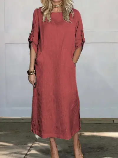Summer Women Casual Solid Color Round Neck Short Sleeve Pocket Cotton Linen Maxi Dress
