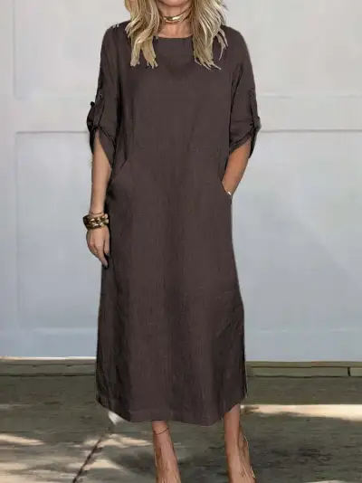 Summer Women Casual Solid Color Round Neck Short Sleeve Pocket Cotton Linen Maxi Dress