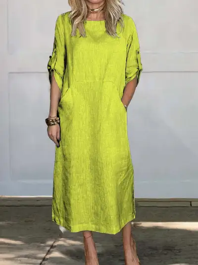 Summer Women Casual Solid Color Round Neck Short Sleeve Pocket Cotton Linen Maxi Dress