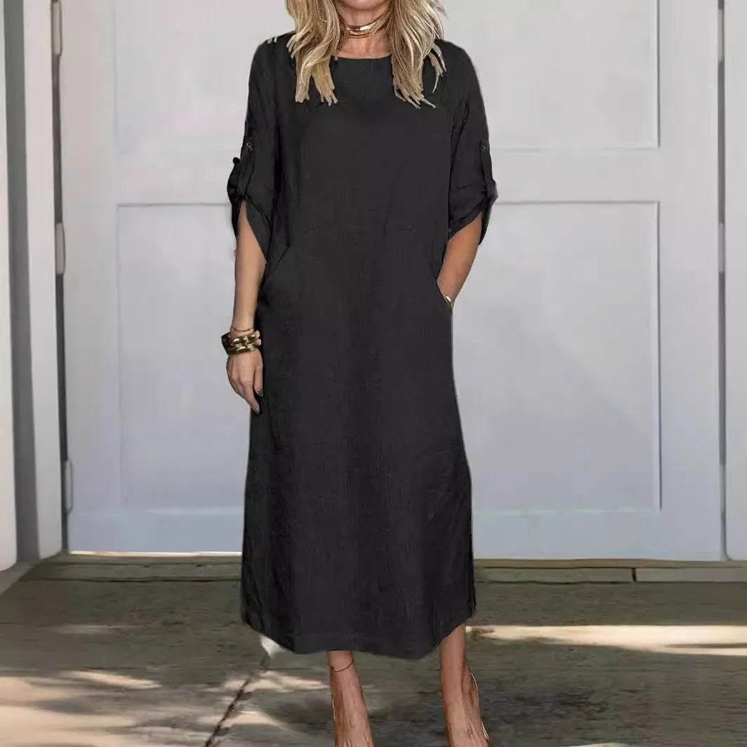 Summer Women Casual Solid Color Round Neck Short Sleeve Pocket Cotton Linen Maxi Dress