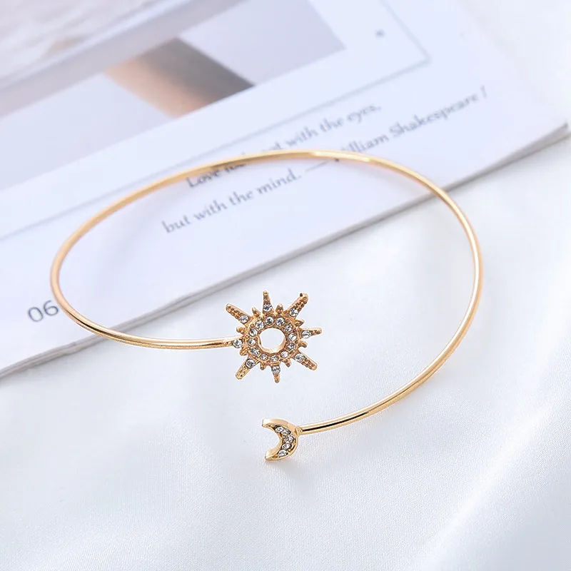 Women Fashion Simple Metal Sun Moon Rhinestone Elegant Adjustable Bracelet