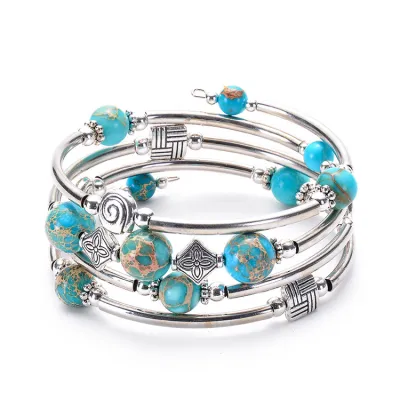 Women Fashion Bohemian Natural Turquoise Bluegrain Copper Winding Bracelet