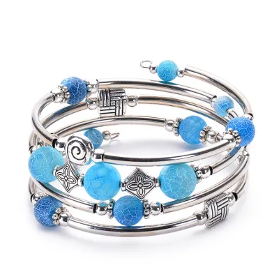 Women Fashion Bohemian Natural Turquoise Bluegrain Copper Winding Bracelet