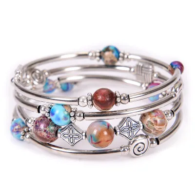 Women Fashion Bohemian Natural Turquoise Bluegrain Copper Winding Bracelet