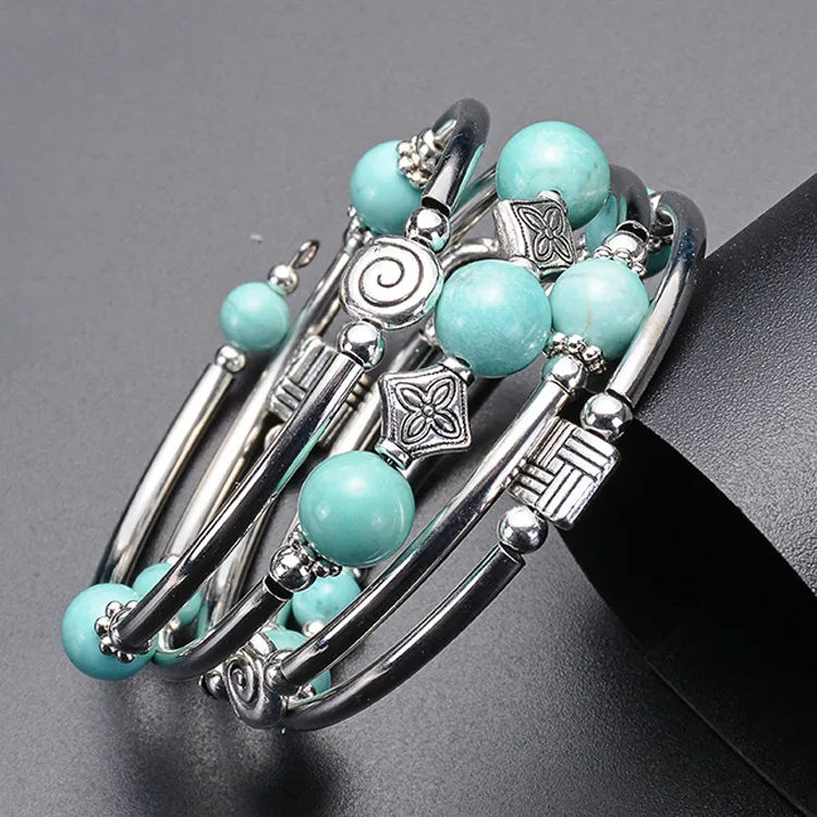Women Fashion Bohemian Natural Turquoise Bluegrain Copper Winding Bracelet
