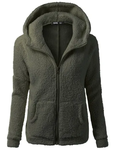 Women Plush Solid Color Zip-Up Pocket Hoodie