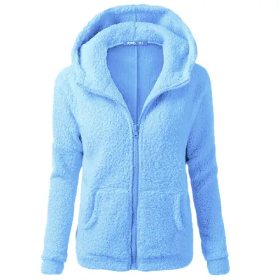 Women Plush Solid Color Zip-Up Pocket Hoodie