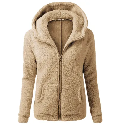 Women Plush Solid Color Zip-Up Pocket Hoodie