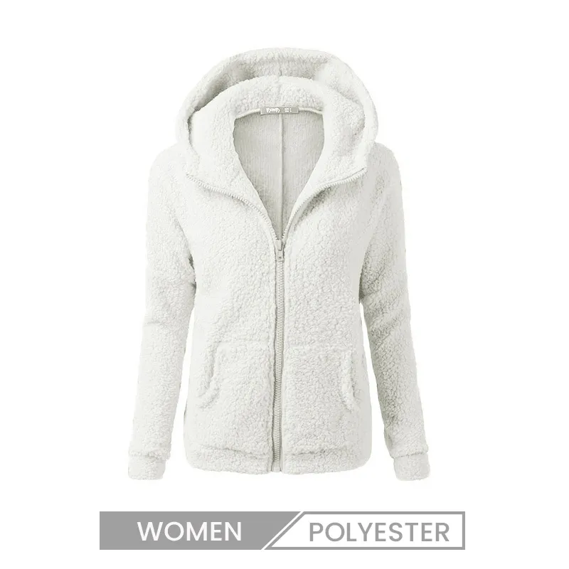 Women Plush Solid Color Zip-Up Pocket Hoodie