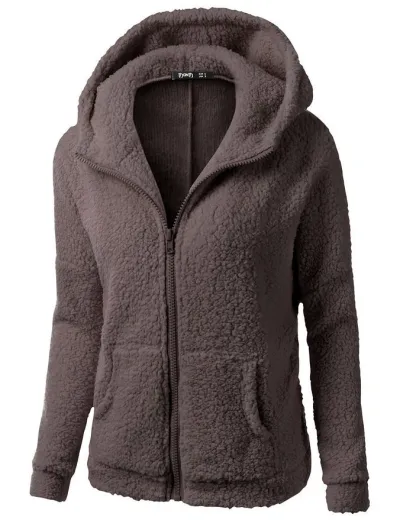Women Plush Solid Color Zip-Up Pocket Hoodie