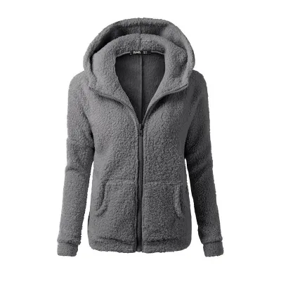 Women Plush Solid Color Zip-Up Pocket Hoodie