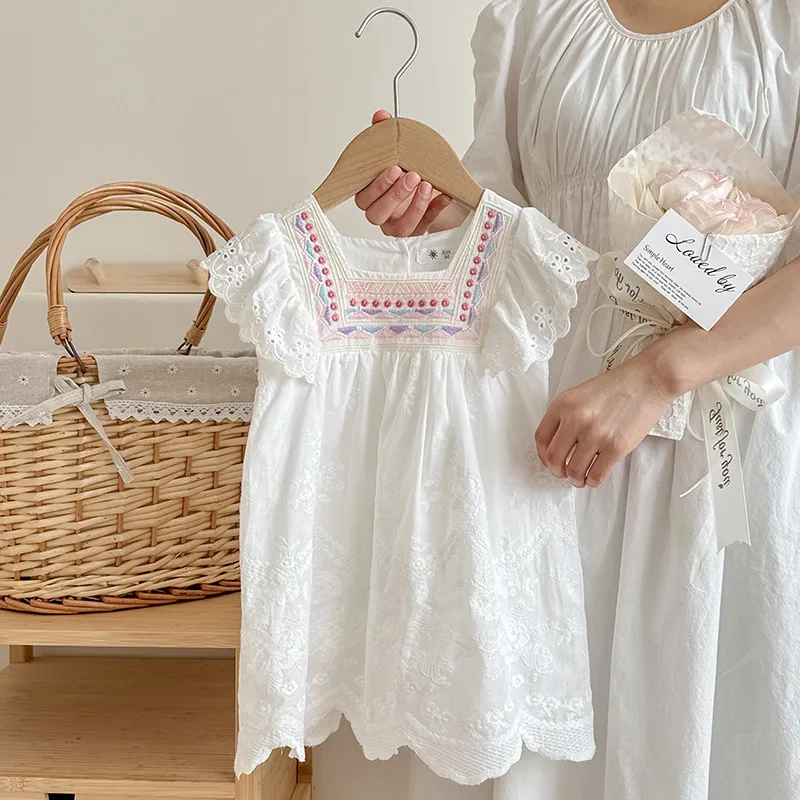 Kids Toddler Girls Cute Princess Style Tiny Flower Embroidery Square Neck Dress