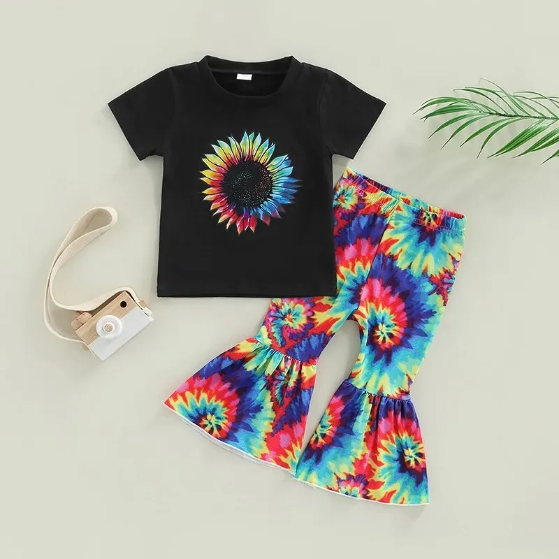 Kids Toddler Girls Casual Cute Multicolor Sunflower Print Short Sleeve T-Shirt Flare Trousers Set