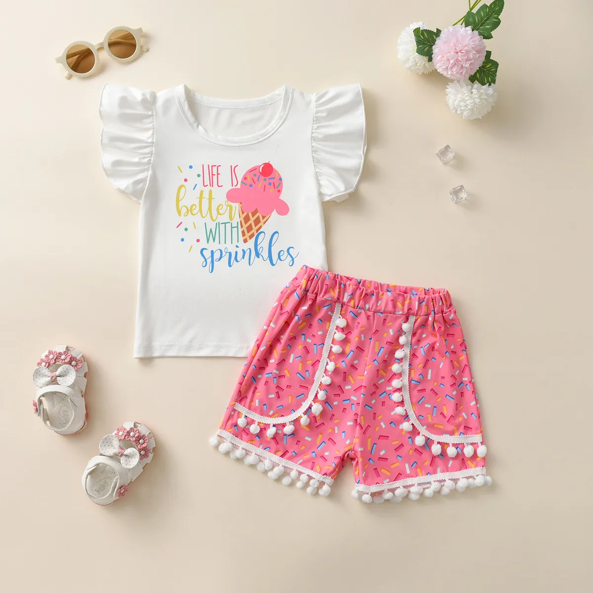 Kids Toddler Girls Casual Cute Cartoon Letter Print Fluttering Sleeve T-Shirt Shorts Set Cotton Two Piece