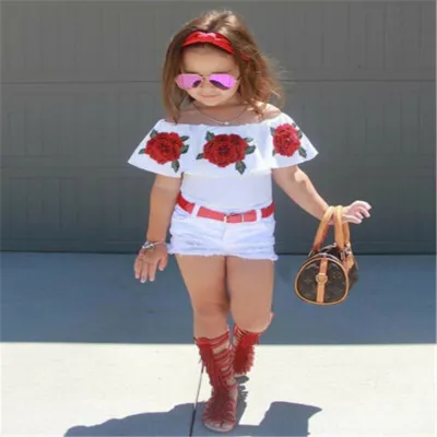 Kids Toddler Girls Fashion Casual Flower Print Sleeveless Off Shoulder Top Denim Shorts Set Two-Piece