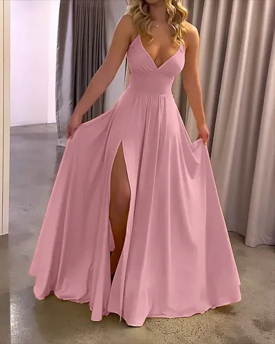 Summer Women Fashion Sexy Deep V Sling Split Maxi Dress