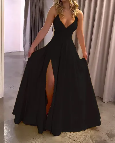Summer Women Fashion Sexy Deep V Sling Split Maxi Dress