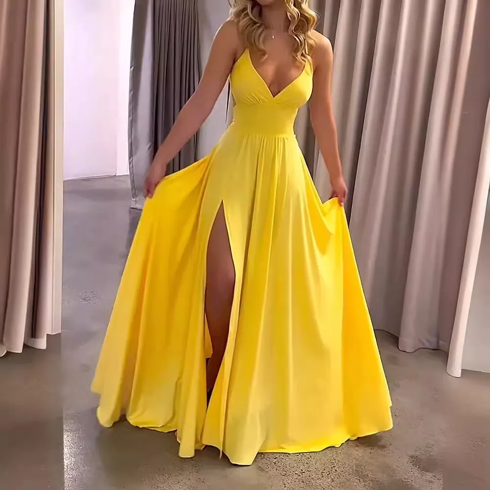 Summer Women Fashion Sexy Deep V Sling Split Maxi Dress