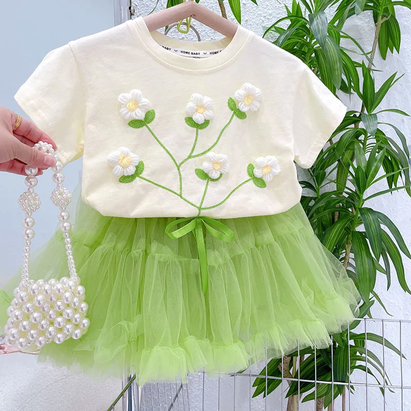 Kids Toddler Girls Casual Flower Short Sleeve T-Shirt Mesh Skirt Set