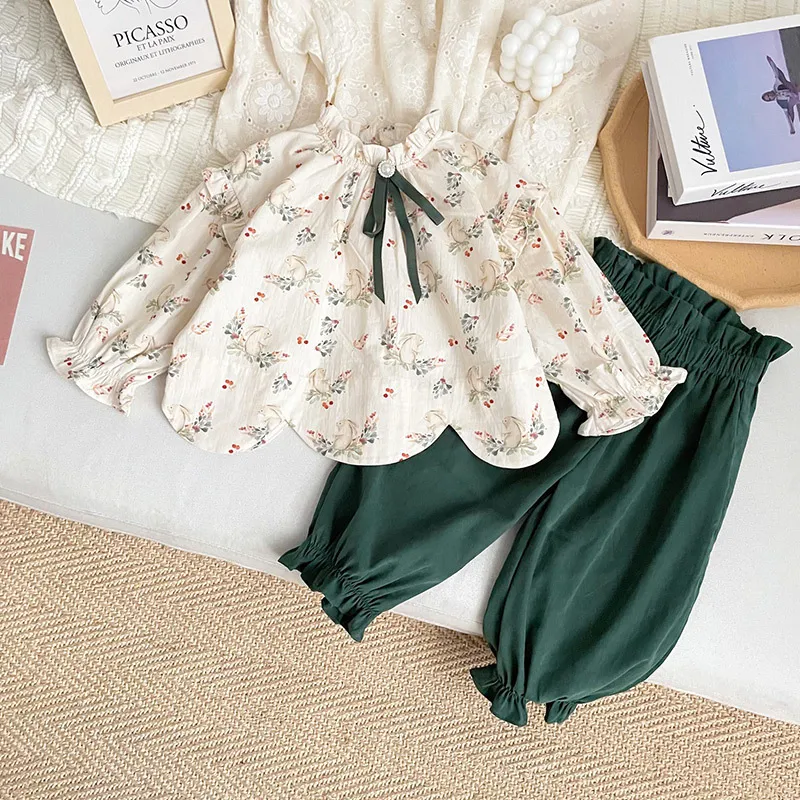 Kids Toddler Girls Casual Cute Tiny Flower Print Long Sleeve Blouse Pants Set