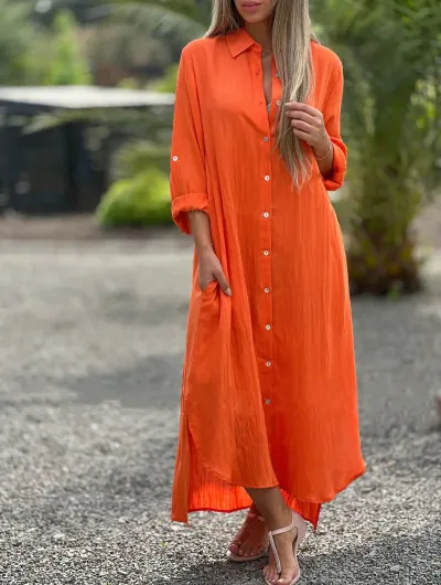 Women Casual Cotton Linen A-Line Maxi Dress Long Sleeve Solid Color