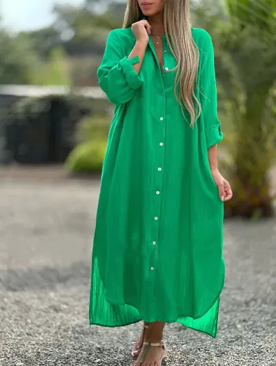 Women Casual Cotton Linen A-Line Maxi Dress Long Sleeve Solid Color