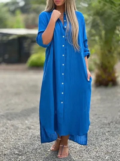Women Casual Cotton Linen A-Line Maxi Dress Long Sleeve Solid Color